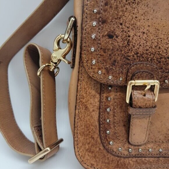 Crest by Olivia Miller Tan Cowhide Studded Embellished Handbag Long Strap Purse - Picture 3 of 9